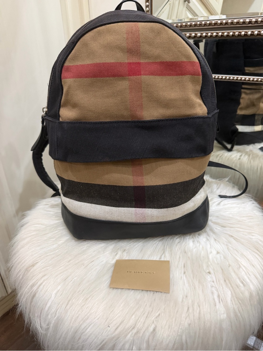 Unisex Burberry Vintage Nova Check Backpack Black Canvas Leather Trim
